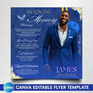 Könnte beinhalten: Eine blaue Gedenk-Flyer-Vorlage mit dem Text "In Loving Memory" und Veranstaltungsdetails. Sie zeigt ein Foto einer lächelnden Person in einem blauen Anzug, eine blaue Rose und florale Akzente. Der Flyer enthält den Text "CANVA EDITABLE FLYER TEMPLATE".