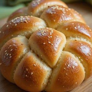 Può includere: Un pane intrecciato marrone dorato, cosparso di semi di sesamo. Il pane ha una finitura lucida ed è presentato su una superficie di legno. Il prodotto da forno sembra fresco e pronto per essere mangiato.