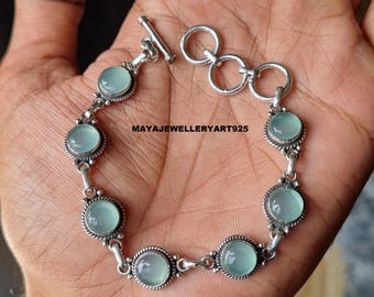 Bracelet calcédoine turquoise : bijoux ajustables faits main en argent sterling 925