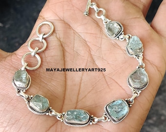 Pulsera de aguamarina en bruto, gema, plata de ley 925, joyería hecha a mano