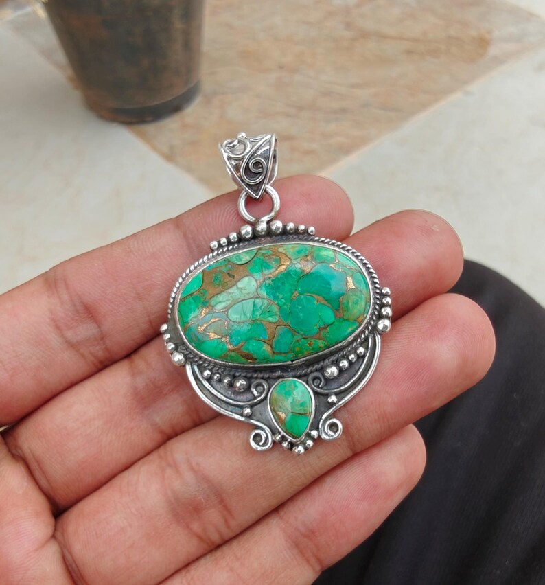 Green Copper Turquoise Pendant, 925 Sterling Silver Gemstone Necklace image 2