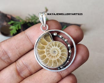 Natural Ammonite Gemstone Pendant Handmade 925 Sterling Silver Necklace Real Ammonite Jewelry