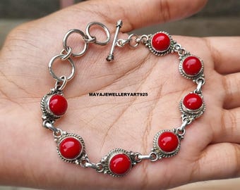 Red Coral Sterling Silver Bracelet: Handmade Boho Gemstone Jewelry