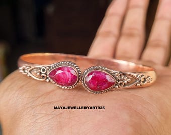 Handmade Copper Bangle: Adjustable Ruby Gemstone Bracelet