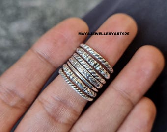 Anillos apilables Boho de plata de ley 925, conjunto de texturas mixtas