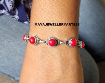 Red Coral Bracelet Handmade Sterling Silver Adjustable Jewelry Birthstone Gifts
