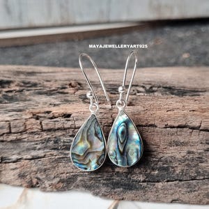 Abalone Shell Earrings, 925 Sterling Silver Teardrop Gemstone Jewelry,  Dangle Drop Earrings