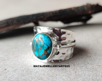 Blue Copper Turquoise Ring Hammered Sterling Silver Wide Band Ring Gift for her