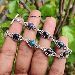 Handgjort armband i svart opal: Justerbara smycken i 925 sterlingsilver