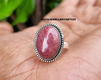 Anillo llamativo de rodonita rosa: Anillo de diseño hecho a mano en plata de ley 925.