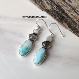 Handmade Larimar Earrings: Labradorite & Moonstone, Sterling Silver