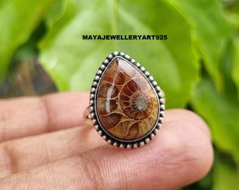 Bague ammonite avec pierres précieuses : bague décorative faite main en argent sterling 925