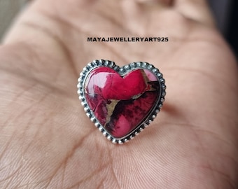 Sterling Silver Red Rose Dahlia Ring: Handmade Heart Wedding Band