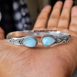 Adjustable Larimar Bangle: Handmade 925 Sterling Silver Designer Jewelry
