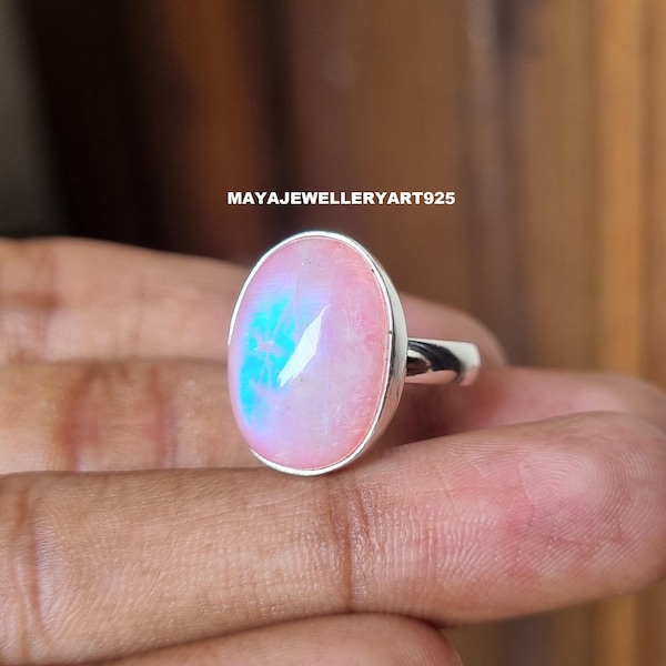 Anillo de piedra lunar rosa hecho a mano: joyería llamativa en plata de ley 925
