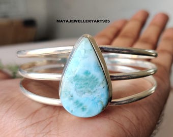 Natural Larimar Bangle 925 Sterling Silver Handmade Jewelry Designer Gemstone Bracelet Women Bangle