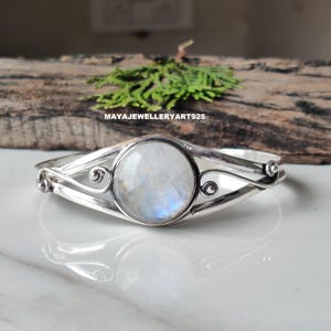Rainbow Moonstone Bangle Handmade 925 Sterling Silver Round Moonstone Jewelry Gift for mum