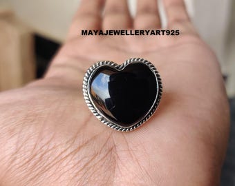 Handmade Black Onyx Heart Ring 925 Sterling Silver Statement Anniversary Ring