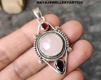 Rose Quartz & Garnet Gemstone Pendant 925 Sterling Silver Designer Pendant