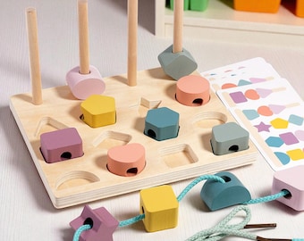 Montessori Wooden Shape Matching Puzzle: Threading Game, Color Cognition