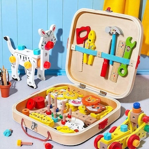 Wooden Kids Tool Set: Montessori Construction Toy with Animal Building Blocks