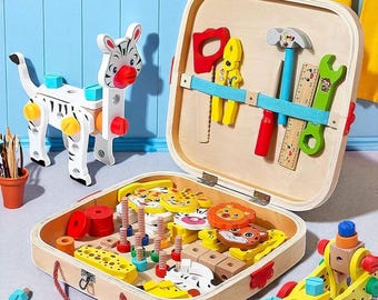 Wooden Kids Tool Set: Montessori Construction Toy with Animal Building Blocks