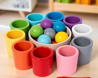 Montessori Wooden Matching Game: Rainbow Ball & Cup Color Sorter
