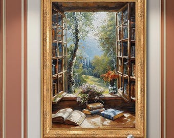 May include: A framed painting depicts an open window overlooking a lush landscape with books on a wooden sill. The artwork features a gold frame and a detailed view of a garden and distant buildings. The room has a dark wooden table and other framed art.