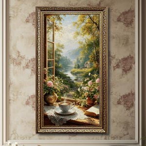 Puede incluir: Pintura enmarcada que representa una serena escena al aire libre vista a través de una ventana. La ventana revela un río que serpentea a través de un exuberante paisaje con árboles y una casa distante. Una taza de café está sobre una mesa con un tapete de encaje, junto a un libro y flores.