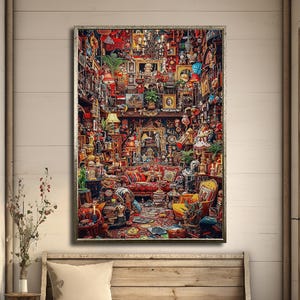 Könnte beinhalten: Ein gerahmter Druck eines Raumes voller verschiedener Objekte, darunter Möbel, Lampen und Kunstwerke. Der Raum ist dicht mit Gegenständen gefüllt, was eine überladene, aber visuell reiche Szene schafft. Die Farbpalette ist warm, mit dominierenden Rot-, Gelb- und Brauntönen.