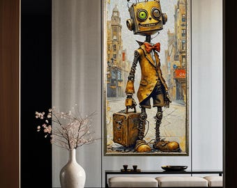 Steampunk Robot Canvas Art: Quirky Futuristic Character Print