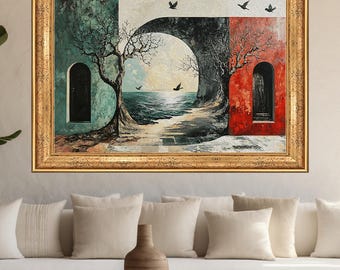 May include: An abstract framed painting with a gold border. The artwork depicts a surreal landscape with a sea view, archway, and trees. The color palette includes teal, red, and black, with birds in flight. The painting is a decorative wall art piece.