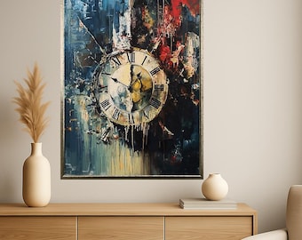 May include: Abstract painting of a clock face with Roman numerals, set against a backdrop of blue, red, and yellow brushstrokes. The artwork is framed in a gold-colored frame, creating a vintage aesthetic. The painting is a decorative piece.