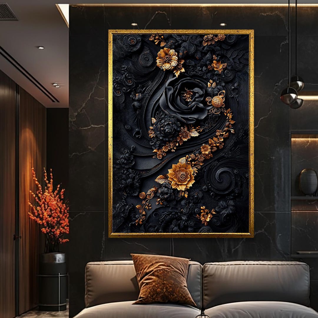 Luxury Floral Canvas Art, Black and Gold 3D Rose (textured Wall Decor ...