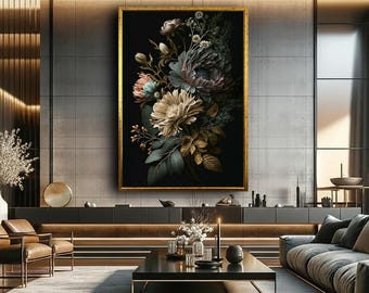 Impresión floral oscura en lienzo: arte botánico melancólico con textura de pintura al óleo