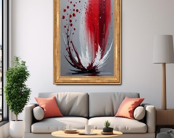 May include: Abstract floral painting in a gold frame. The artwork features a red and white flower design against a gray background. The painting is displayed above a gray sofa with coral pillows, enhancing the room's decor.
