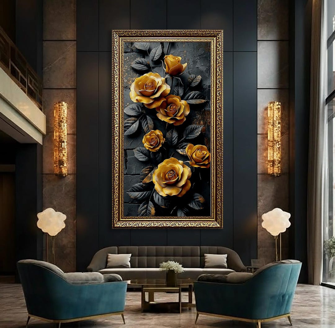 Rose Canvas Print: Black Gold Floral Art (oil Painting Texture) - Etsy