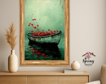 Boat Wall Art: Red Flower Canvas - Cozy Lake House Decor