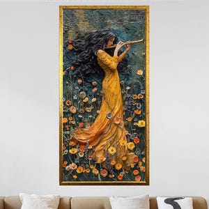Flute Girl Canvas Wall Art - Fantasy Floral Music Painting Print