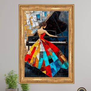 Colorful Piano Girl Canvas Wall Art - Abstract Music Painting Print