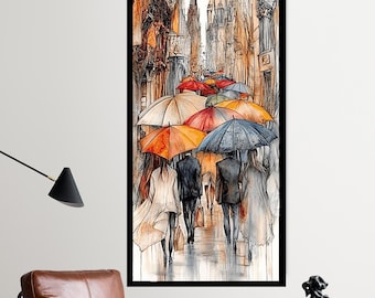Cityscape Canvas Print: Colorful Umbrellas - Rainy Street Vibe