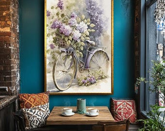 Bicycle Wall Art: Watercolor Lilac Flowers - Cottagecore Canvas Print
