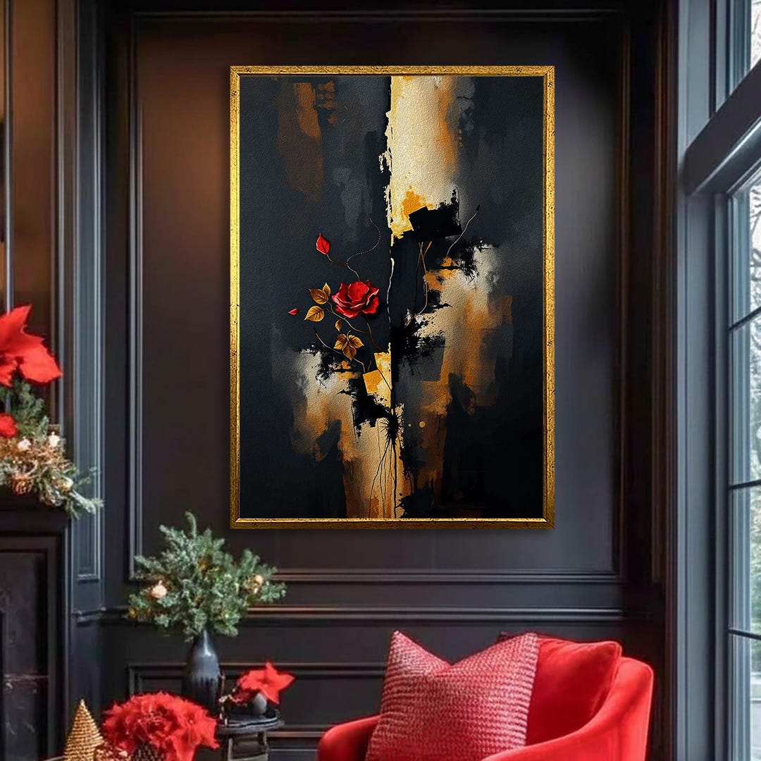 Abstract Red Rose Wall Art | Black and Gold Luxury Canvas Print | Dark ...