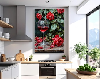Romantic Red Rose Canvas Print: Wine Lover Kitchen Wall Art