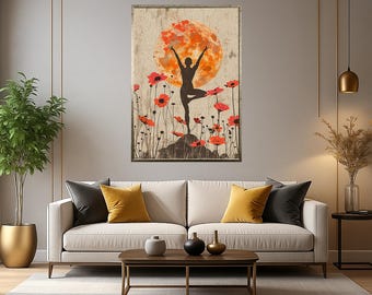 May include: A framed art print featuring a silhouette of a person in a yoga pose, set against a large orange moon and red poppy flowers. The artwork has a vintage, textured appearance, with a neutral color palette.