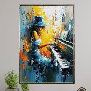Abstract Piano Girl Canvas Wall Art - Colorful Music Painting Print