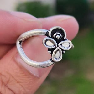 Oxidized Sterling Silver Flower Ring: Handmade Adjustable Boho Jewelry