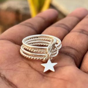 Multi-Band Ring aus 925er Silber mit Stern Anhänger, Boho Ring, Stapelring, Geschenk für Sie