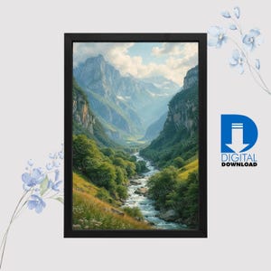 Lauterbrunnen Valley by Turner | Elven Mountain Haven | Digital Download | Fantasy Valley Wall Art