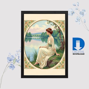 Art Nouveau Vintage Lady by the Lake – Elegant Romantic Classical Wall Art Print for Home Décor